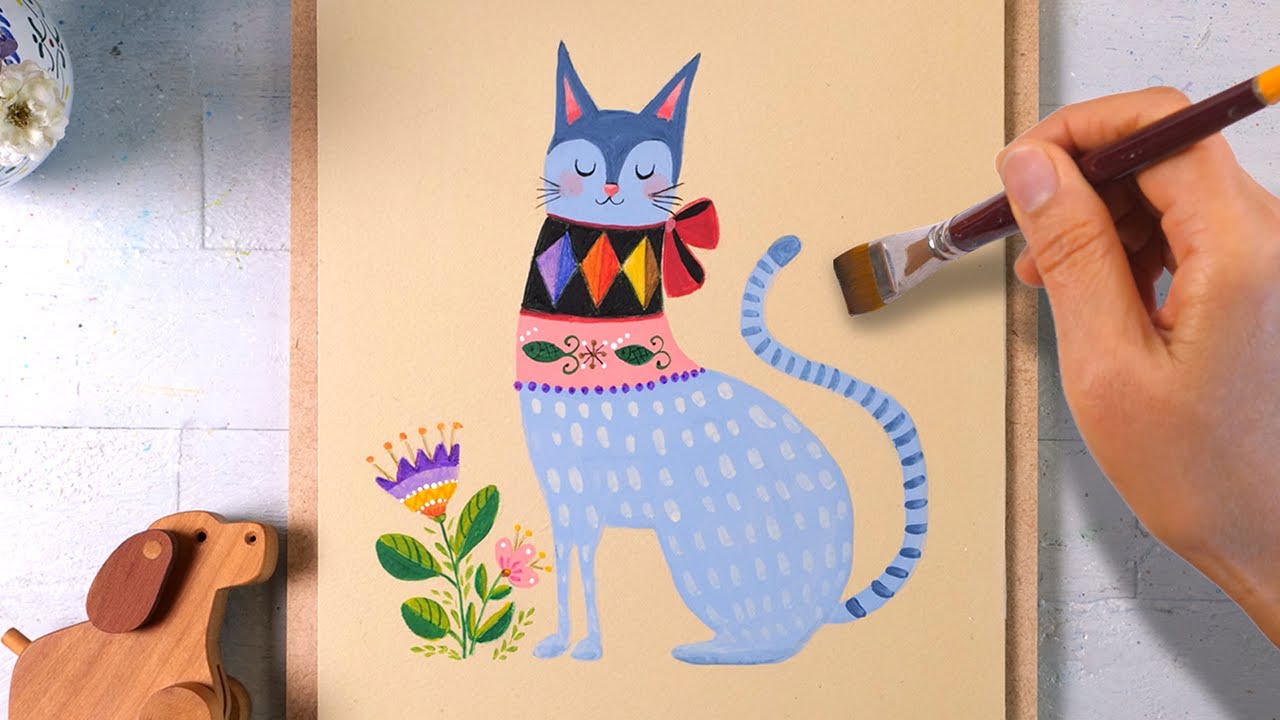 Easy How to Draw a Folk Art Cat Tutorial & Folk Art Coloring Page