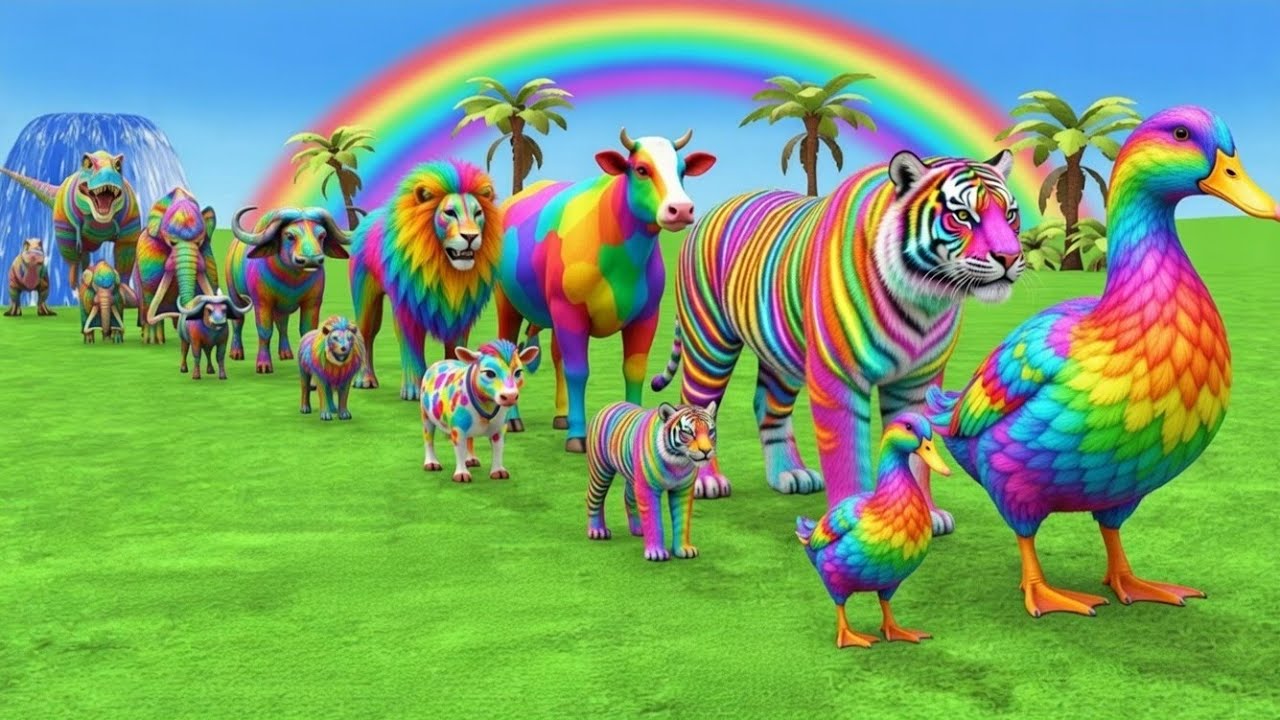 لعبة التزحلق الطويل مع بقرة وفيل وغوريلا وفرس نهر ونمر، لعبة حيوانات ثلاثية الأبعاد، رسوم متحركة 8