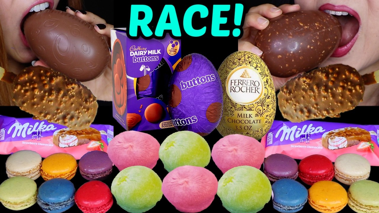 ASMR BIG CADBURY DAIRY MILK VS FERRERO ROCHER EGG RACE! Milka Rainbow mochi ice cream & macarons 먹방