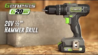 Genesis G20MAX 20V Cordless 1/2" Hammer Drill, Battery & Charger, Metal Ratcheting Chuck GLHD20B