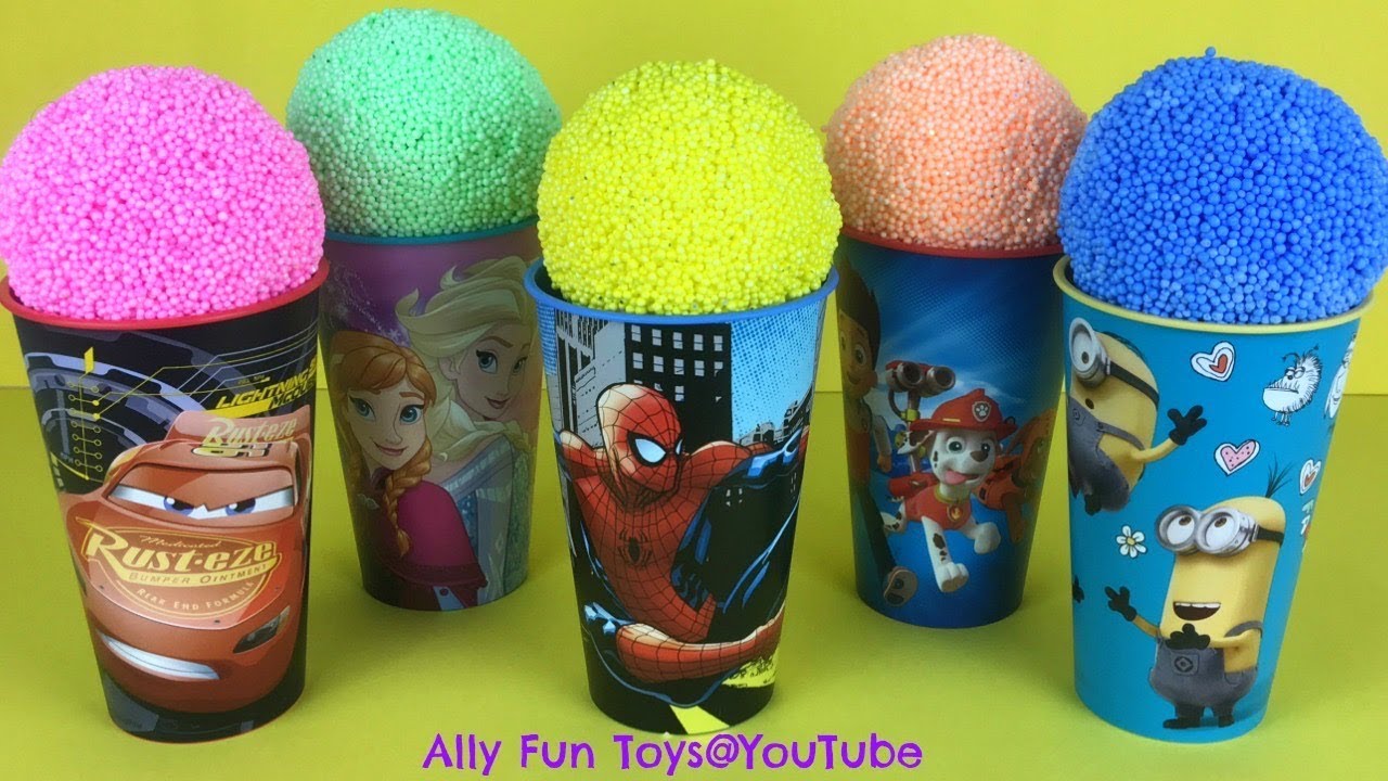 Learn Colors Play Foam Surprise Cups Disney Frozen Minions Cars PAW Patrol Spiderman - YouTube