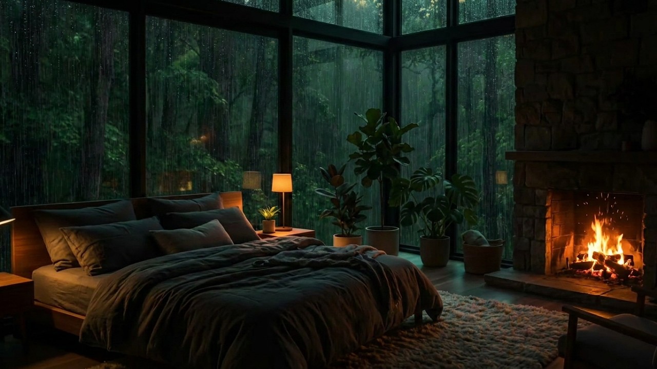 8 Hours Heavy Rain & Cozy Fireplace Sounds: Deep Sleep & Relaxation 🌧️🔥 ...