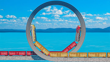 Colorful Trains Vs Cringe 360 Loop Impossible Circle Rails Tracks Crossing Deepwater | BeamNG.drive