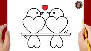 Como dibujar dos pajaritos enamorados | Dibujo del día de San Valentín | Dibujos Felices