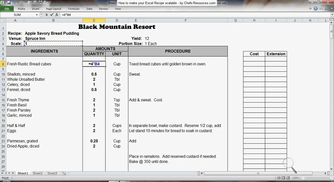 Excel Recipe Template for Chefs - Chefs Resources Intended For Restaurant Recipe Card Template