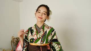 アンジュ2023年新作袴｜緑よろけに菊×茶kansai矢絣