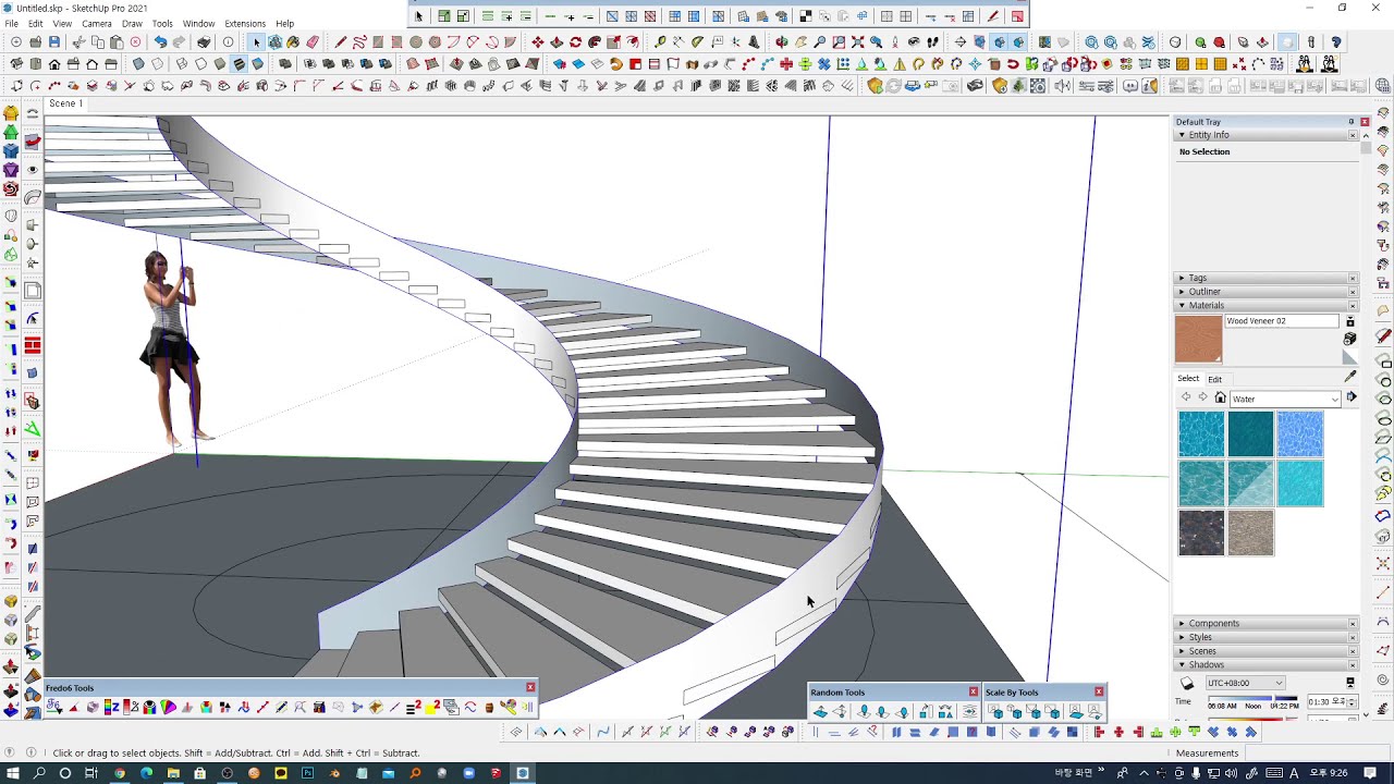 Sketchup Tips_Create A Revolving Staircase, [질답]스케치업 회전계단 난간 띠장, 메모리 카피 및  프레도 툴 활용, 파워툴바 익스트루드 라인 - Youtube