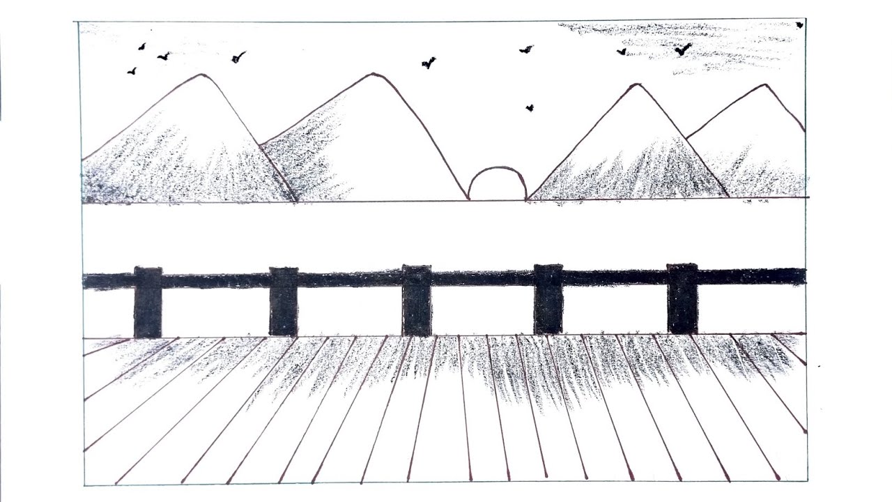 Beautiful Mountain Sunset Bridge Scenery Drawing | Easy Pencil Scenery Art | Easy landscape Drawing