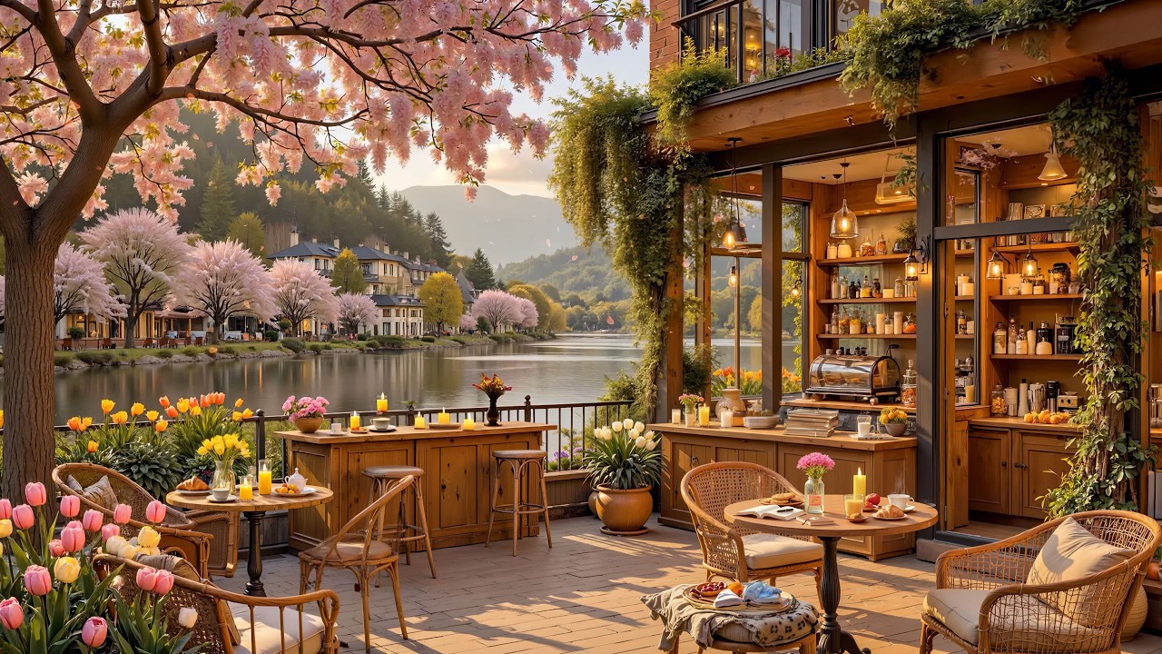 Warm March Spring Morning 🌸 Outdoor Coffee Shop Ambience & Relaxing Jazz Music to Start Your Day