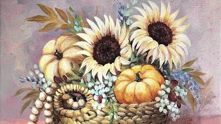 How to Paint an Autumn Basket of Pumpkins and Sunflowers Acrylic Painting LIVE Tutorial