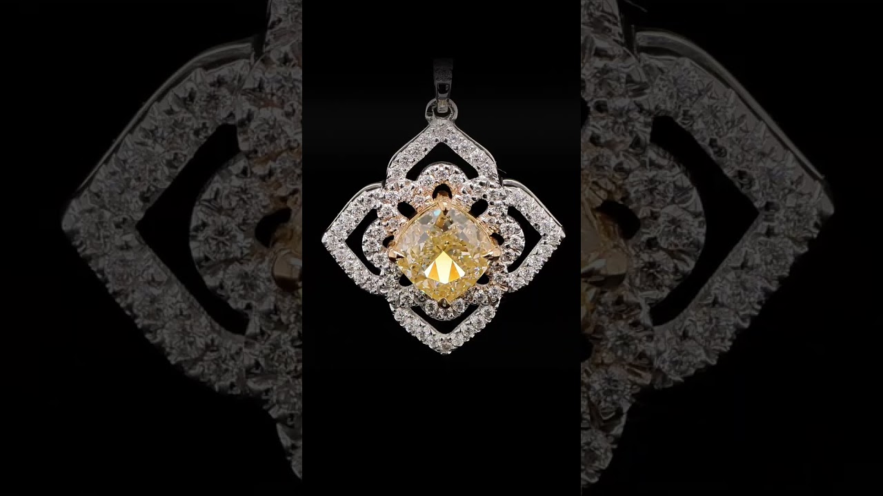 1.01 Ct Light Yellow Diamond Pendant With Halo In Two-Tone 18K Gold - Orogem Jewelers