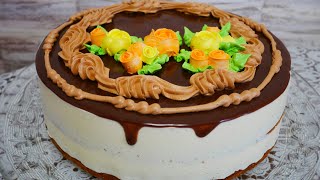 Украшение торта БЕЛКОВО ЗАВАРНЫМ кремом. Рецепт ШОКОЛАДНОЙ глазури. Торт с цветами