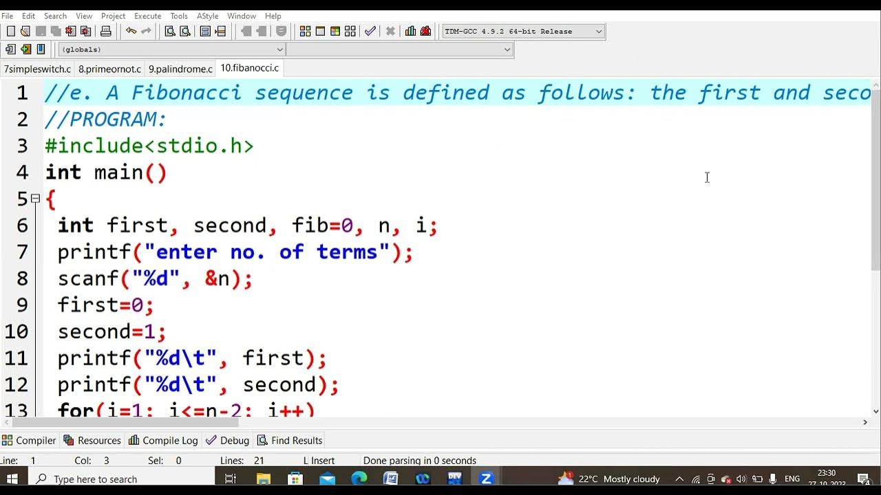 10.C program to generate Fibonacci series | C Programming Language LAB ...