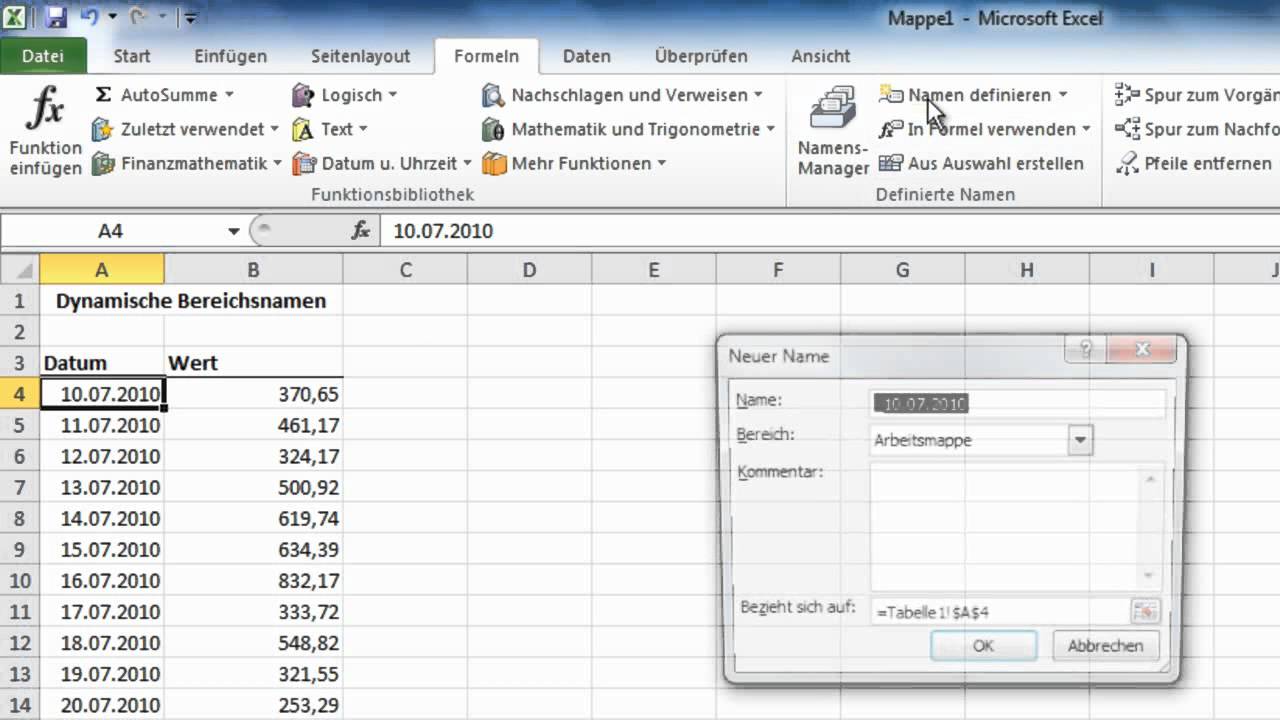 Excel 2010 Diagramm Mit Dynamischen Datenbereichen Erzeugen Youtube