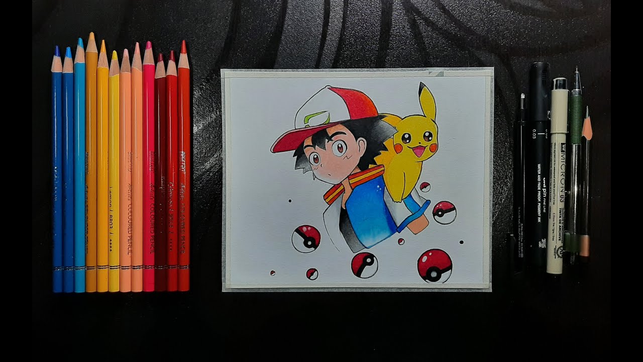 Pokemon - Ash - Pikachu - Drawing with colour pencil 