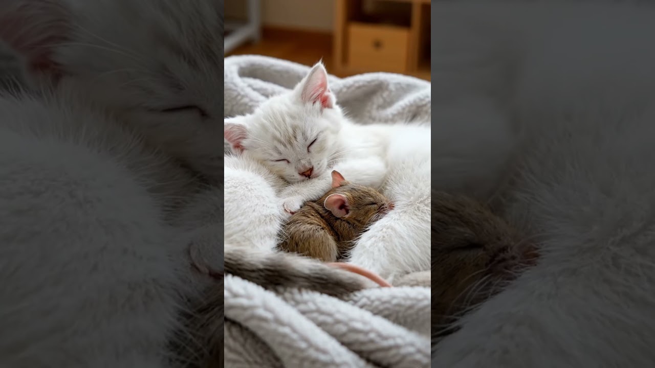 Cute Kitten Hugs Mouse While Sleeping 🐱🐭
