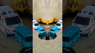 JCB Pushing Purple Car, Tayo, Ambulance, Police Car In Pit