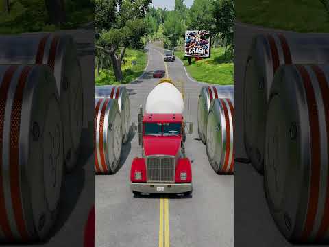 Mix Color Super Long City Buses & Double Flatbed Trailer Truck vs Big Bollards #shorts
