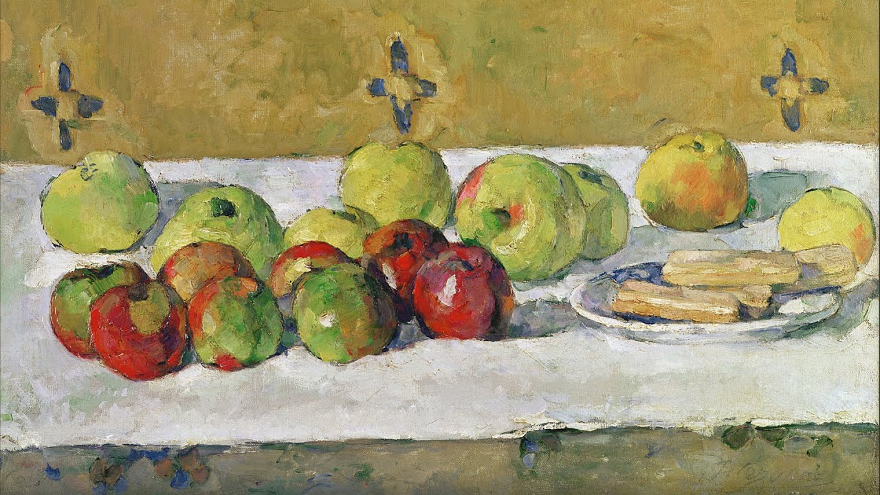 Натюрморт с яблоками и печеньем. Процесс написания, копия импрессионистской картины маслом Сезанна.