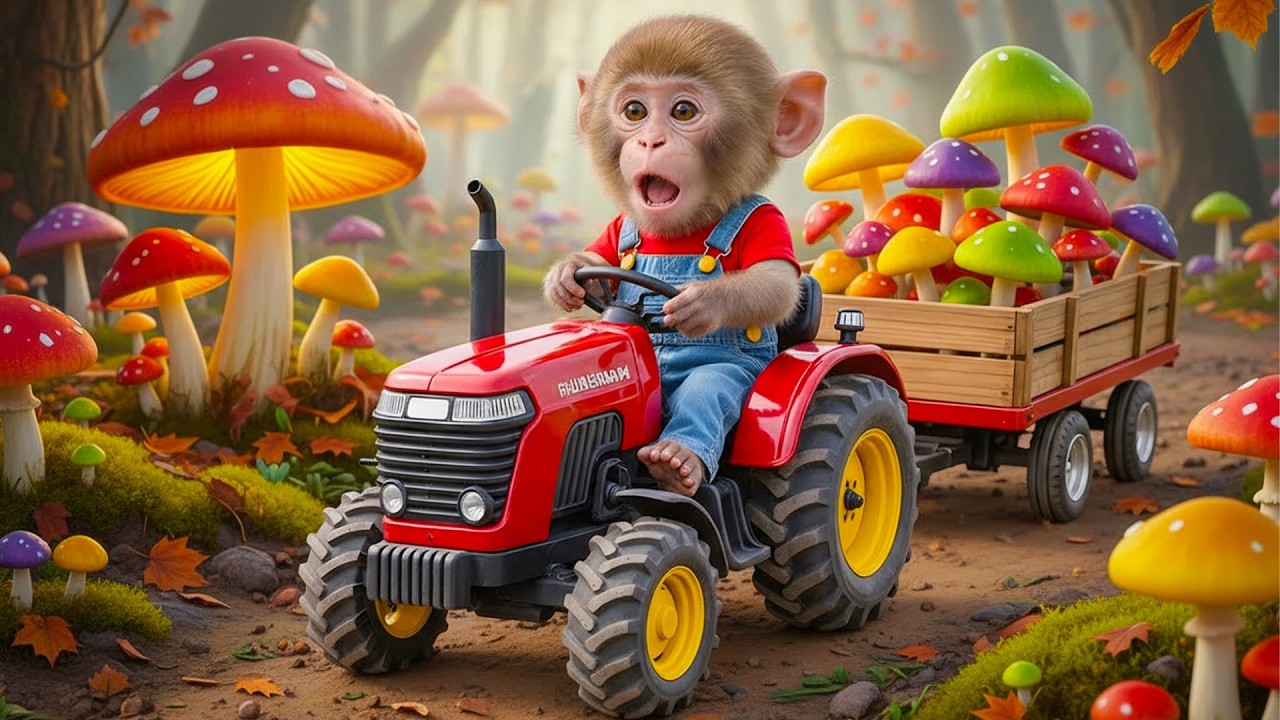 Monkey Nana Drives a Red Tractor to Harvest Rainbow Mushrooms! 🍄🚜 NANA MONKEY LIFE