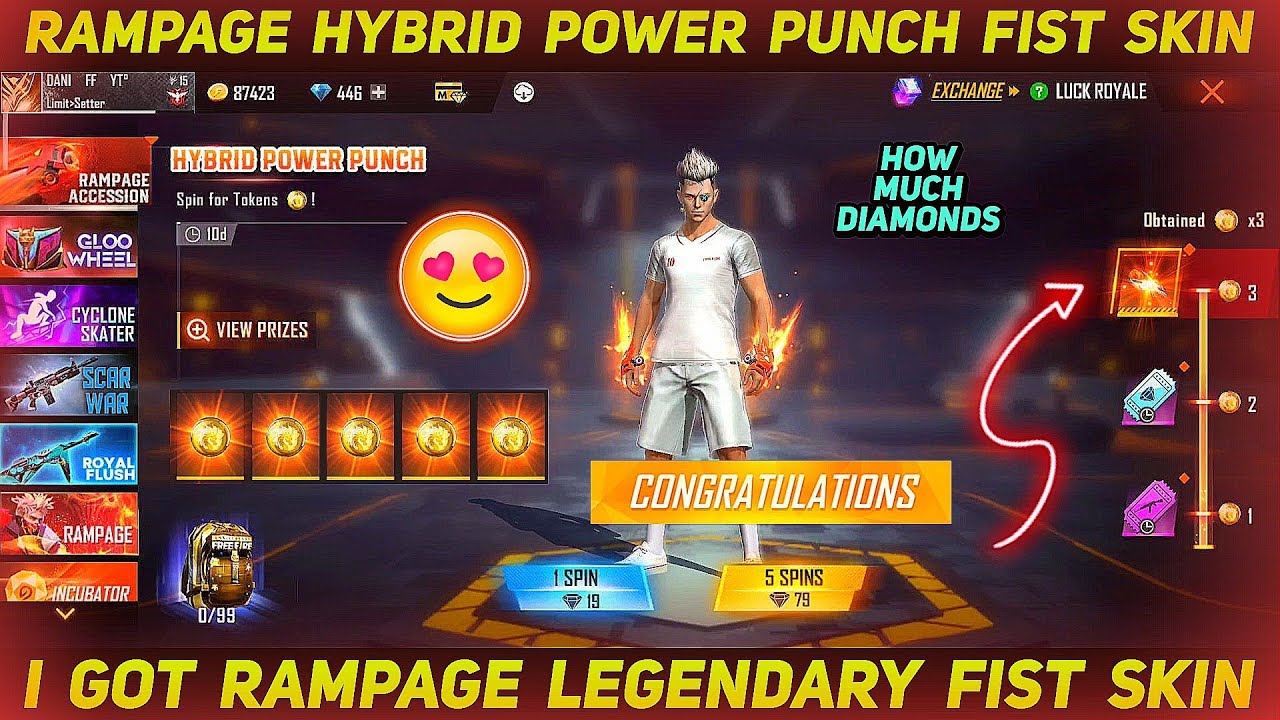 Free Fire Rampage Hybrid Power Punch Fist Skin Token Tower | Rampage Fist Skin | Fire Fire