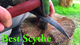 Sharpening (peening) a scythe blade. Scythe grass mowing