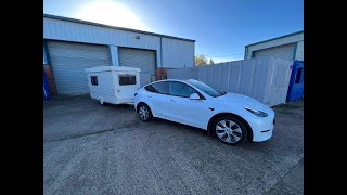 Tesla Model Y towing a Gobur Carousel.  The perfect caravan for your electric car. 4K