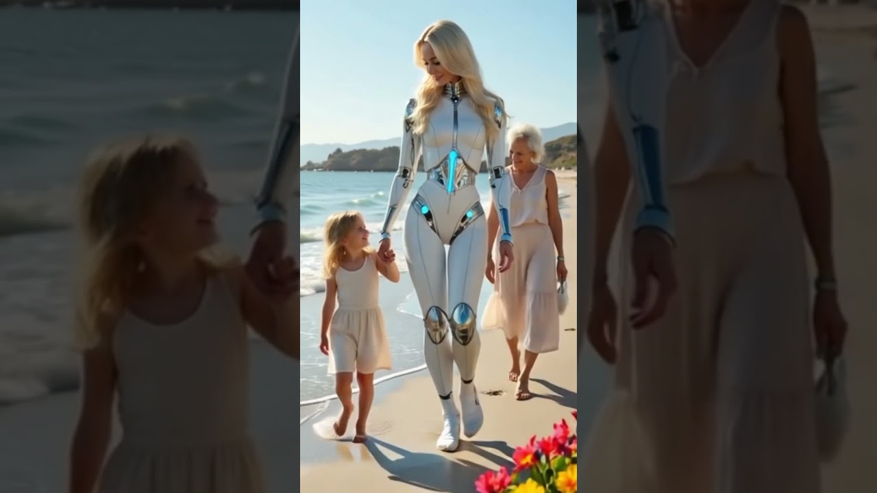 Futuristic Female Humanoid Robot Walking on the Beach with Child and Elderly Woman 