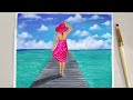 Beautiful Girl walking on the Sea Beach painting | Lady in Hat Painting |Girl on the beach painting