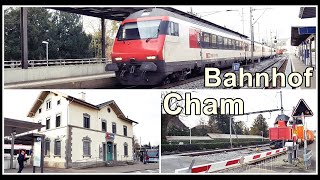 Kleiner Bahnübergang und Bahnhof Cham, Zug, Schweiz 2020