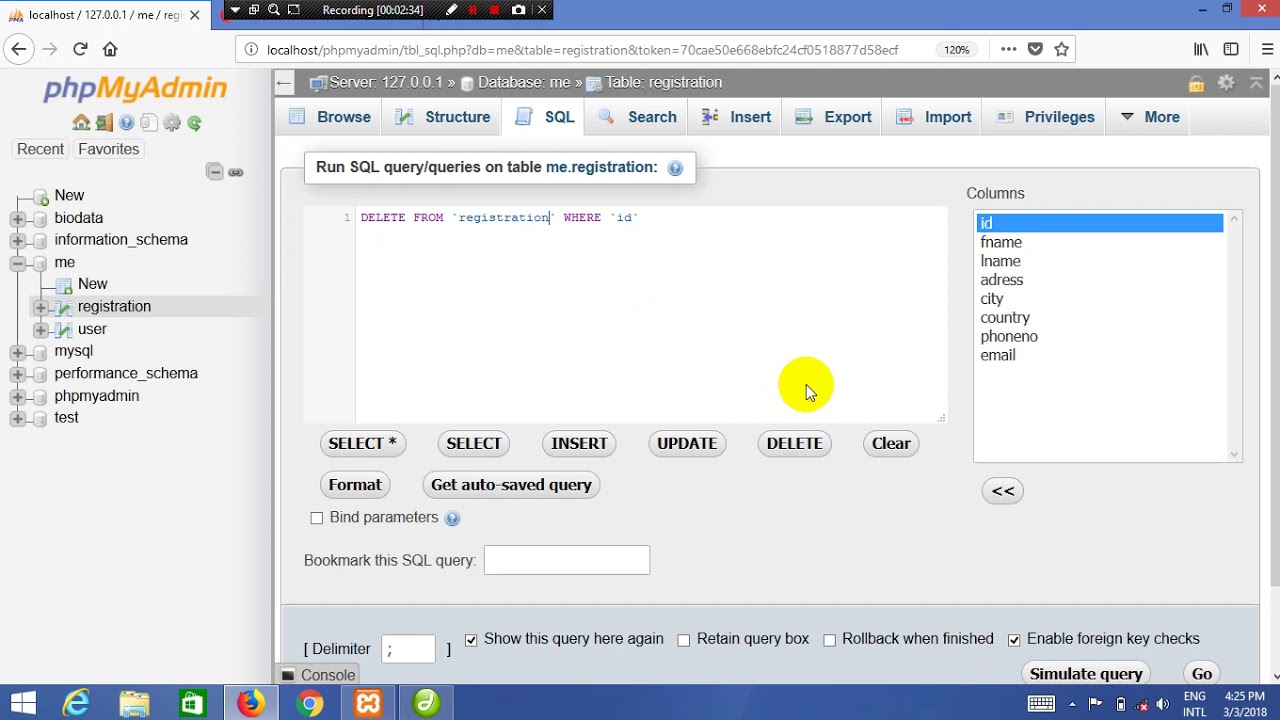 delete query with mySQL using Xampp - YouTube