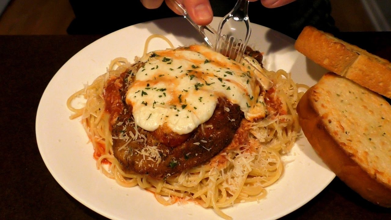 ASMR: Eating Chicken Parmesan over Spaghetti (No talking)