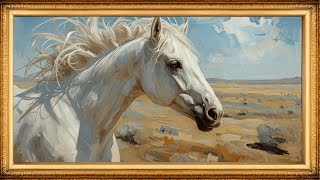 White Horse in the Open Plains | Art Framed Screensaver | Oil Painting Art for Your TV 4K ✨🐎🌾 screenshot 1