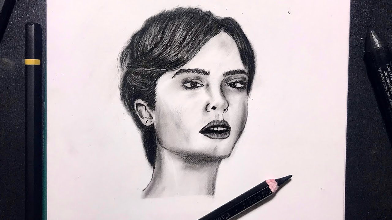 Drawing a Girl with charcoal powder | Draw a girl with bobcut hairstyle |