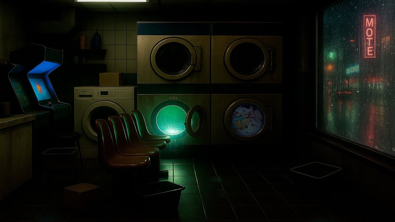 Rainy Night Laundry Room Ambience 🌧️ | Neon Motel, Washing Machines & Relaxing ASMR
