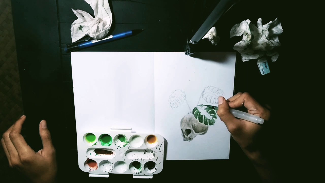 Melukis Daun Tropical dan Tengkorak Menggunakan Cat Poster Melukis Daun Tropical dan Tengkorak Menggunakan Cat Poster