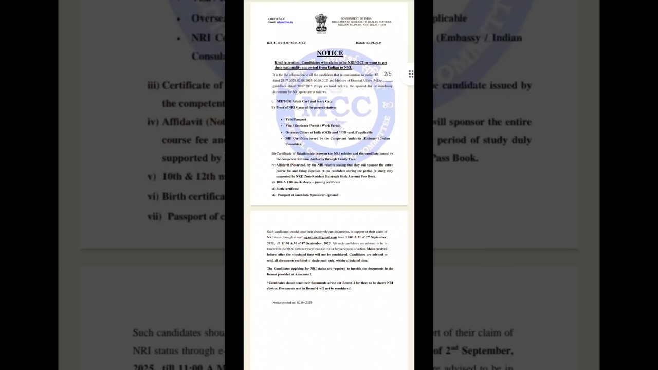 🚨🤯 MCC LATEST NOTICE |  NRI Category Documents Required for NRI students for Round2 Counselling 