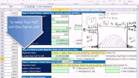 Excel 2010 Statistics 84: Two Tail t Distribution Mean Hypothesis Testing P-value & Critical Value