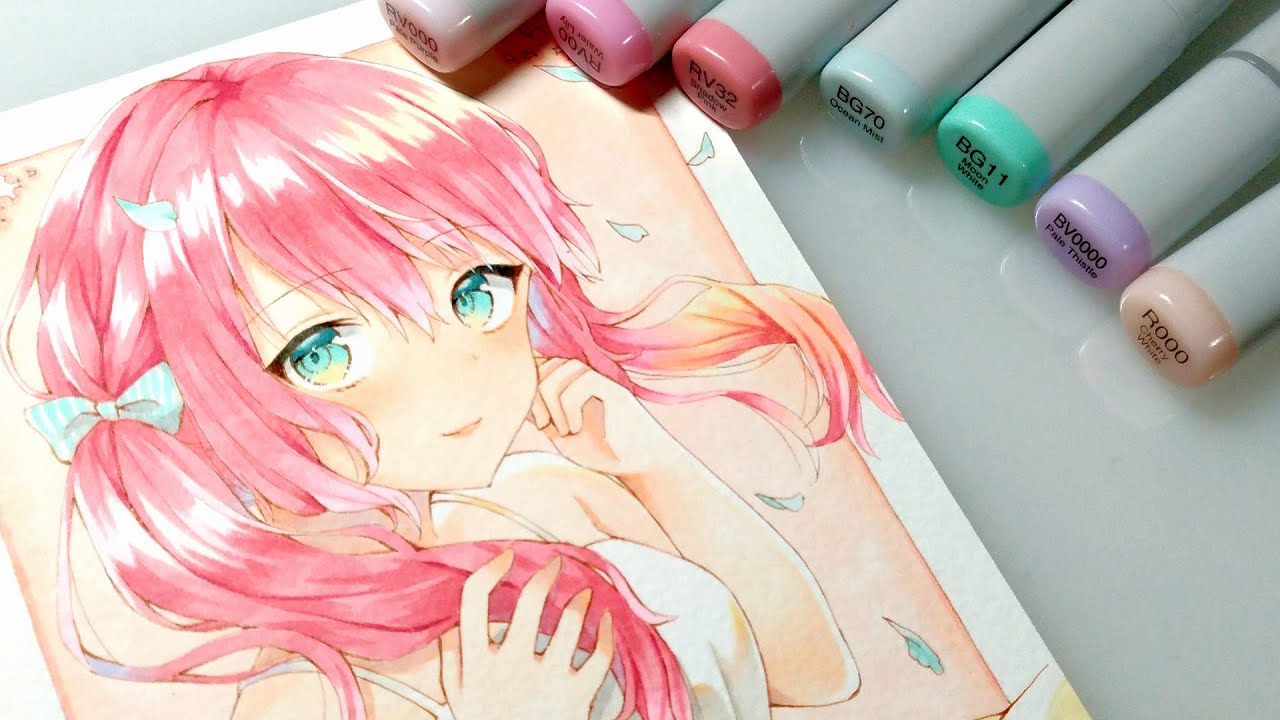 コピック ピンク髪の女の子 イラストメイキング Drawing A Pink Hair Girl With Copic Markers Copic Painting Youtube