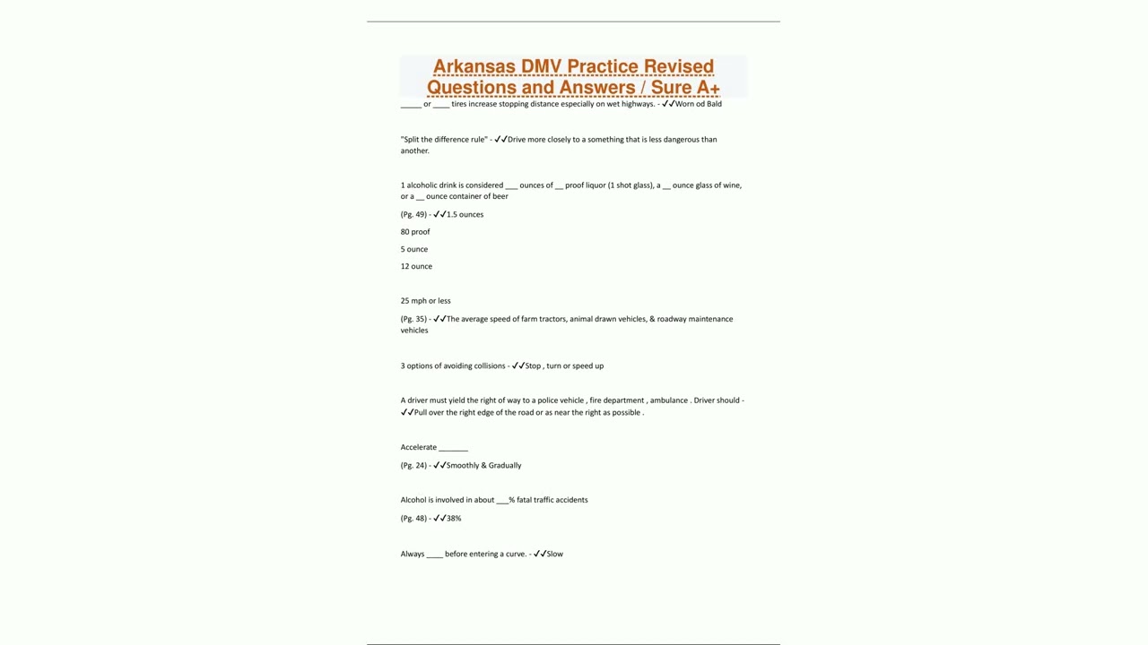 Arkansas DMV Practice Revised Questions and Answers  Sure A22