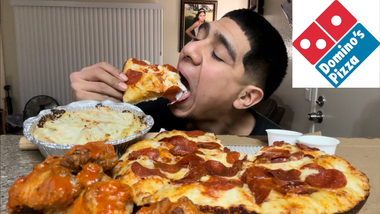 Domino’s Pizza + ￼Hot Wings + Chicken Alfredo pasta Mukbang