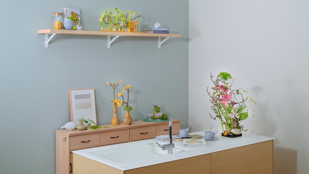 ナチュラルスタイルのキッチン空間のディスプレイ】Flower Styling 花