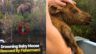 Canadian fishermen rescue moose calf drowning in lake