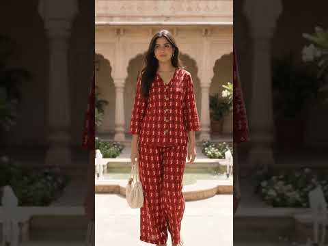 Red Bagru Hand Block Printed Cotton Co-Ord Set