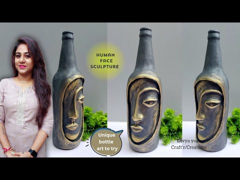 Human face sculpture on glass bottle/❤️Unique #glassbottleart