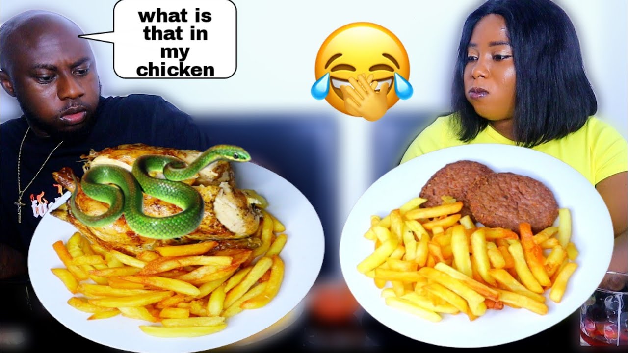 SNAKE IN MY HUSBAND CHICKEN MUKPRANK | POTATOES FRIES AND WHOLE CHICKEN MUKBANG