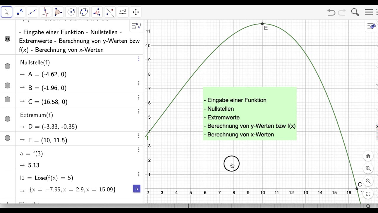 Einführung 1 Geogebra Funktionen - Eingabe, Nullstellen, Extrempunkte, Berechnung von x- und y-Wert