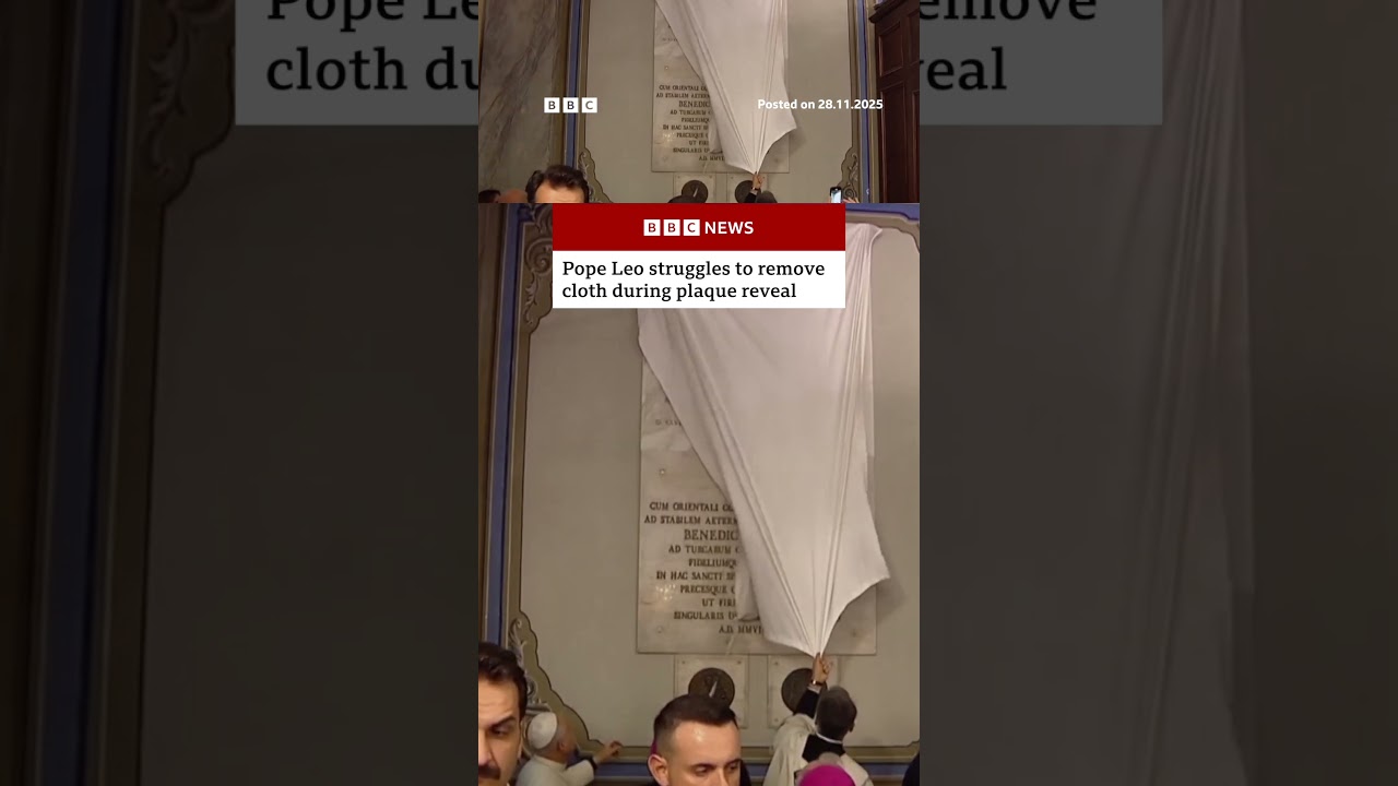 Pope Leo struggles to unveil plaque. #PopeLeo #Turkey #BBCNews