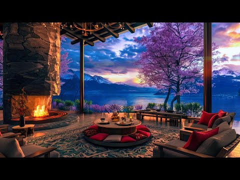 Soothing Piano Jazz Music in Cozy Spring Room Ambience 🌺 Relaxing Fireplace Sounds for Sleep & Study
