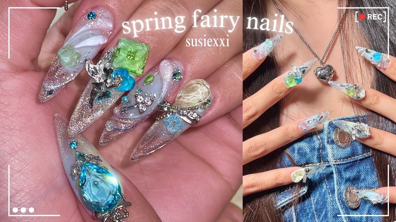 fairy nails  🩵💛🧚🏻 spring nails, 3D nail art, crystal nails ✨